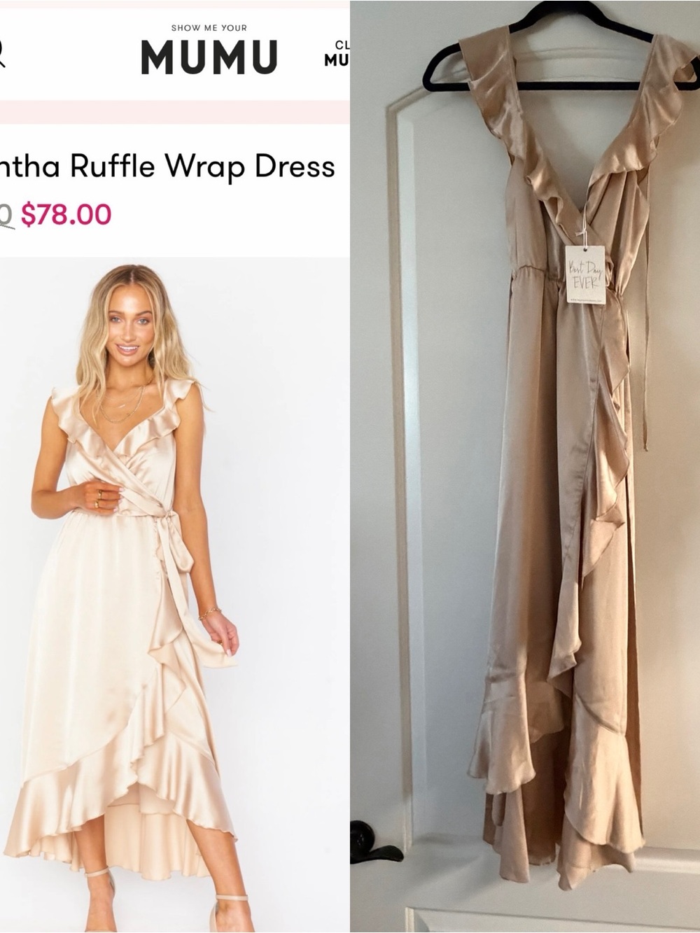 Show Me Your Mumu Champagne Ruffle Satin Wrap Midi Dress